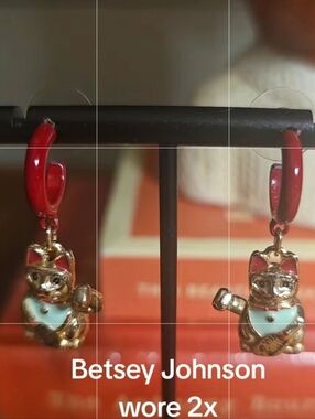 Betsey Johnson Red Hoop Lucky Cat Drop Earrings with Mint Accent
